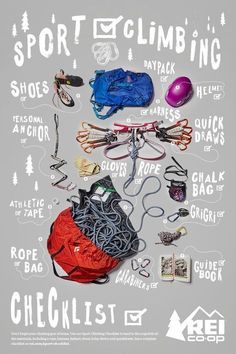 an advertisement for sports climbing with various items