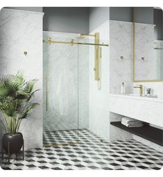 a bathroom with black and white checkered flooring, a plant in the corner