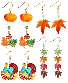 six pairs of earrings with autumn leaves and turkeys on them, all in different colors