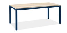 a wooden table with blue legs on a white background