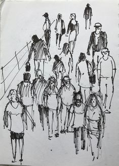 a black and white drawing of people walking