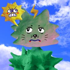 a green cat with two yellow stars on its head and one blue sky in the background