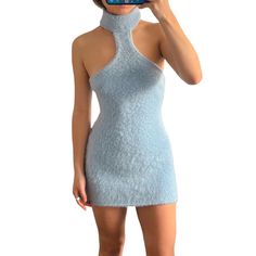 Pale Baby Blue Fuzzy Mohair Textured Mini Dress By Gcds. Size Small. Plastic Back Chain That Spells Gcds. Baby Blue, Halter Dress, Colorful Dresses, Blue And White, Mini Dress, Womens Dresses, Knitting, Dresses, Blue