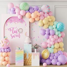 a birthday party with balloons, cake and decorations