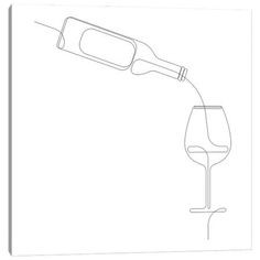 a drawing of a wine glass being poured into a wine glass with a bottle in it