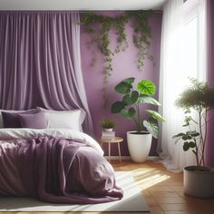 a bedroom with purple walls and plants on the wall