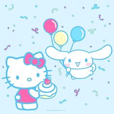 an image of hello kitty and bunny holding balloons with confetti in the air