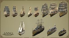 several ships are shown in different positions on the same page, each with sails and rigs