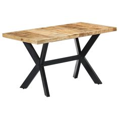 a wooden table with black metal legs