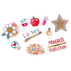 an assortment of stickers that say i'm not progress, progress, and reflection