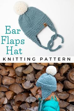 a knitted hat with two pom poms on top and the words, ear flaps hat knitting pattern