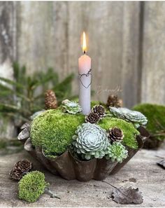 a candle is lit in a bowl filled with green plants and pineconi cones