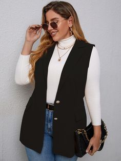 Sleeveless Blazer Outfit Work, Blazer Vest Outfit, Long Blazer Vest, Black Vest Outfit, Sleeveless Blazer Vest, Black Denim Vest, Vest Outfits For Women