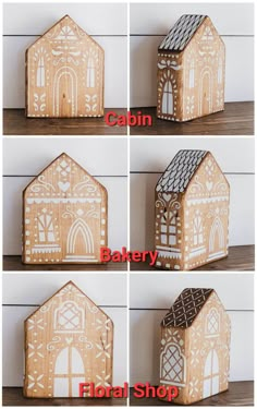 four pictures showing different types of gingerbread houses with the words cabin, bakery, floral shop and cabin