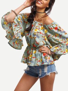 Shop Off-The-Shoulder Flower Print Peplum Blouse online. SheIn offers Off-The-Shoulder Flower Print Peplum Blouse & more to fit your fashionable needs. Three Quarter Sleeve Shirt, Three Quarter Sleeve Blouses, Floral Chiffon Blouse, Floral Peplum Top, Flower Blouse, Shirt Blouses Tops, Peplum Blouse, Women Shirts Blouse, 2016 Fashion