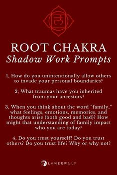 Shadow Work Journal Prompts Chakra, Root Chakra Questions, Root Chakra Journaling, Root Chakra Work, Shadow Work For Root Chakra, Root Chakra Prompts, Root Chakra Healing Journal Prompts, Shadow Work Journal Prompts Witchcraft, Shadow Work Root Chakra