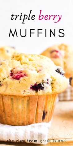 triple berry muffin on a napkin Triple Berry Muffins, Berry Muffin Recipe, Mixed Berry Muffins, The View From Great Island, Berry Muffins, Berries Recipes, Lime Chicken, Blueberry Muffins, Chicken Tacos