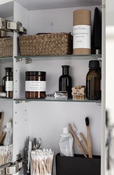 the shelves are filled with different types of personal care items