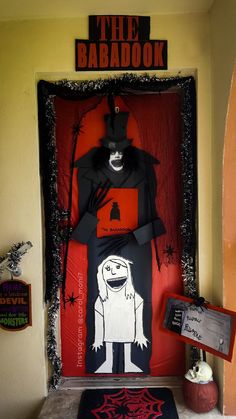 a door decorated with an image of a man in a costume