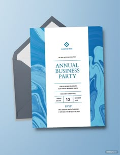 a blue and white marbled business party card with an envelope on the bottom side