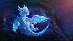 a white dragon with blue wings sitting on top of a stone slab in the night