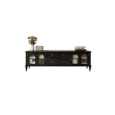 the sideboard is black and has two drawers on one end, and an open drawer on