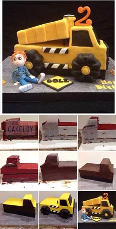 a collage of photos showing different types of construction vehicles and their names on cakes