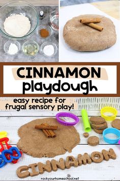 Glass bowls with flour, cornstarch, cream of tartar, vegetable oil, ground cinnamon, and brown food coloring and ball of cinnamon playdough with 2 cinnamon sticks with plastic playdough tools. Cinnamon Scented Playdough, Cinnamon Playdough Recipe, Cinnamon Playdough, Preschool Recipes, Fine Motor Skills Preschool, Motor Skills Preschool, Homemade Slime Recipe, Diy Playdough, Diy Cinnamon