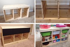 three pictures of different types of shelves with bins on top and bottom, one in the process of being assembled