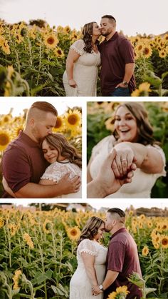 a man and woman standing in a sunflower field with their arms around each other