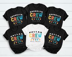 six black and white shirts with the names of five children's crew on them