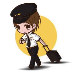 a cartoon boy in uniform pulling a suitcase