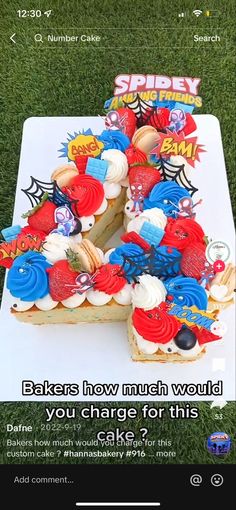 a birthday cake with the number six on it and an image of spiderman's webpage