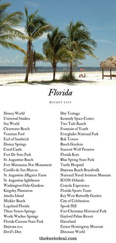 the florida beach list is shown with palm trees