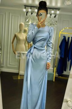 Long Sleeved Silk Dress, Fancy Modest Dresses, Modest Birthday Dress, Silk Modest Dress, Long Baby Blue Dress, Silky Blue Dress, Modest Outfits Dresses, Light Blue Silk Dress, Light Blue Long Sleeve Dress