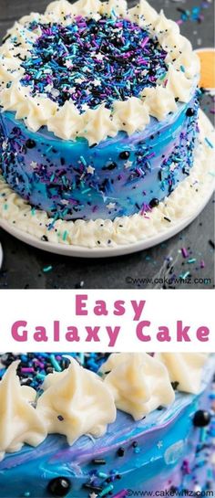 an easy galaxy cake with blue icing and sprinkles