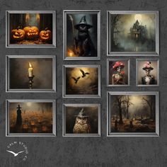 a group of pictures hanging on the wall with pumpkins and witches in them,