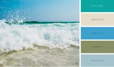 an ocean scene with waves crashing on the shore and color swatches in different shades