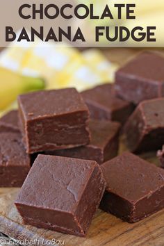 chocolate banana fudge on a cutting board with bananas in the background and text overlay