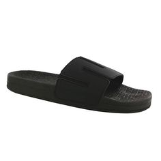 Product Description: This slip-on sandal is great for any man. It features a genuine leather upper with visible handcrafted stitch, providing a rugged feel to a casual, comfortable shoe. The cushioned insole contours to the curves of the foot, while the shock-absorbing sole adds durability and lasting support for all-day wear. Heel Height: 1.25". Product Details: Stretch Gore: Flexible gore stretches and secures your foot with your everyday movement. Supersoft® Microfiber Upper Lining: This ligh Black Open Toe Slip-ons, Black Cushioned Slip-ons For Summer, Comfortable Open Toe Slip-ons With Leather Footbed, Comfortable Slip-on Closed Toe Slides, Comfortable Closed Toe Slip-on Slides, Cushioned Slip-on Flat Slides, Slip-on Open Toe Sandals With Stitched Sole, Comfortable Slip-on Sandals With Rubber Sole, Synthetic Slip-on Slide Shoes