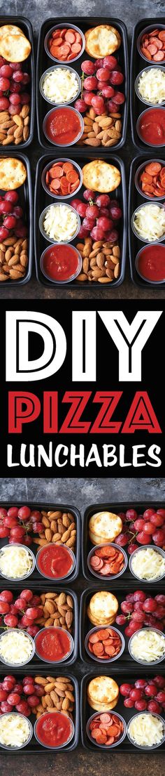 the cover of diy pizza lunchables, with lots of food in plastic containers