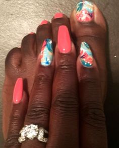 Peach Vacation Nails, Cruise Ship Inspired Nails, Gel Nail Designs For Vacation, Peach And White Nail Designs, Peach And Teal Nails, Coral And Blue Nails, Vaycay Nails, Coral And Teal Nails, Summer Mani Pedi Combos