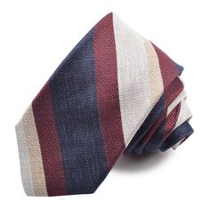 Navy, Wine, and Latte Mélange Multi Bar Stripe Cotton, Linen, & Silk Jacquard Tie by Dion Neckwear Luxury Silk Neckwear For Women, Striped Tie, Jacquard Fabric, Cotton Linen, 1 2 3, Color Combinations, Quality Fabric, Oatmeal, Sense