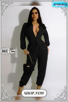 V Neck Button Down Long Sleeve Cargo Jumpsuits Solid Color Party Jumpsuits And Rompers With Pockets, Black Long Sleeve Jumpsuit With Button Closure, Fall Workwear Solid Color Jumpsuits And Rompers, Fall Workwear Jumpsuits And Rompers In Solid Color, V-neck Jumpsuits And Rompers With Pockets For Night Out, V-neck Jumpsuits With Pockets For Night Out, V-neck Jumpsuit With Pockets For Night Out, Chic Button-up Jumpsuits And Rompers With Pockets, Trendy Button-up Jumpsuits And Rompers For Work