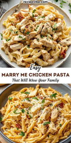 two plates with pasta, chicken and parmesan sauce on them in different ways