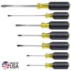 6 piece screwdriver set with yellow tips and black tip, made in usa