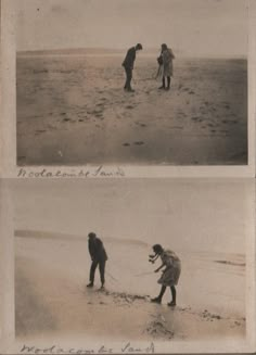 two old black and white photos of people on the beach, one holding a rope