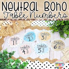 a table with numbers on it and some plants in the background, along with text that says neutral bondo table numbers