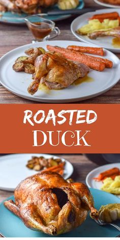 roasted duck with carrots and potatoes on the side