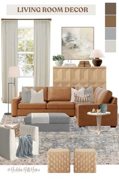 the living room is decorated in neutrals and browns